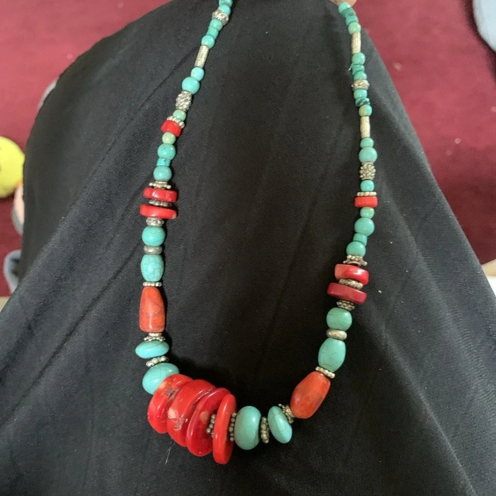Vintage Dyed Red Coral and Howlite Beaded Necklace Southwestern Boho Statement